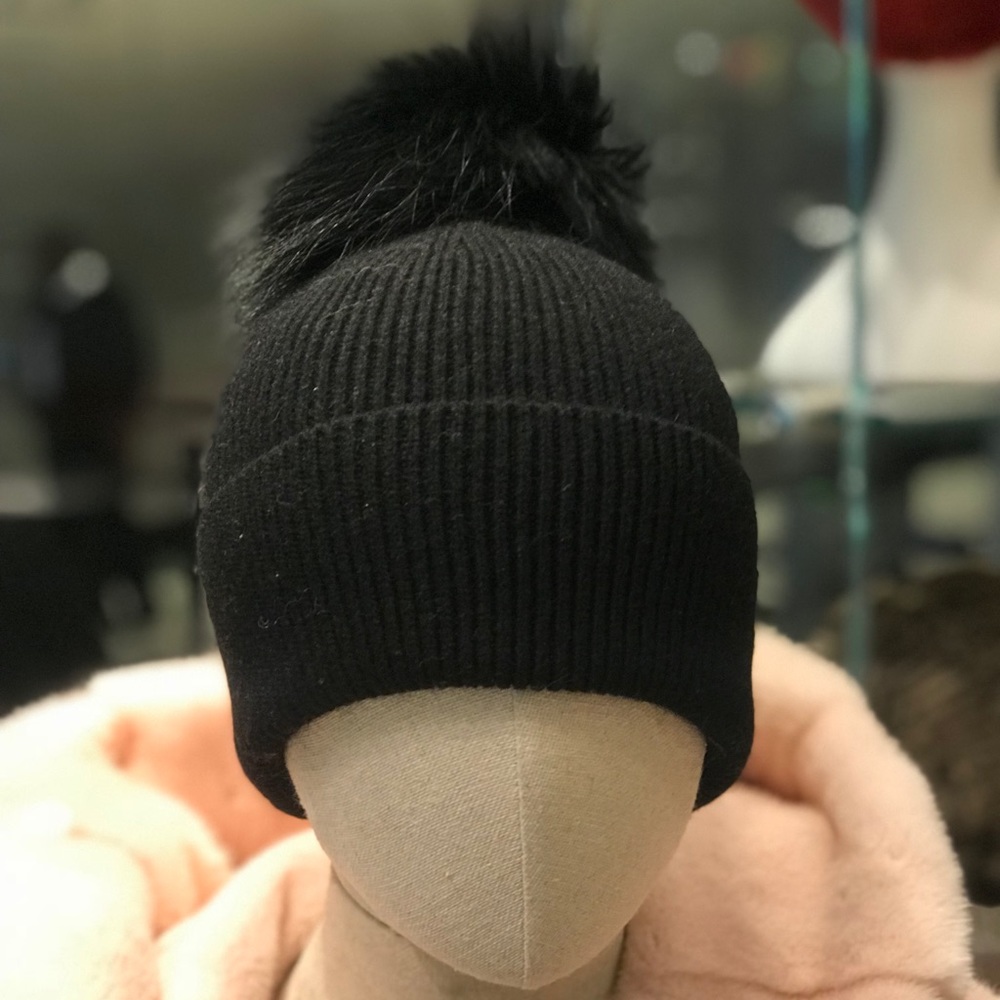 Black Angora Beanie with removable pom pom